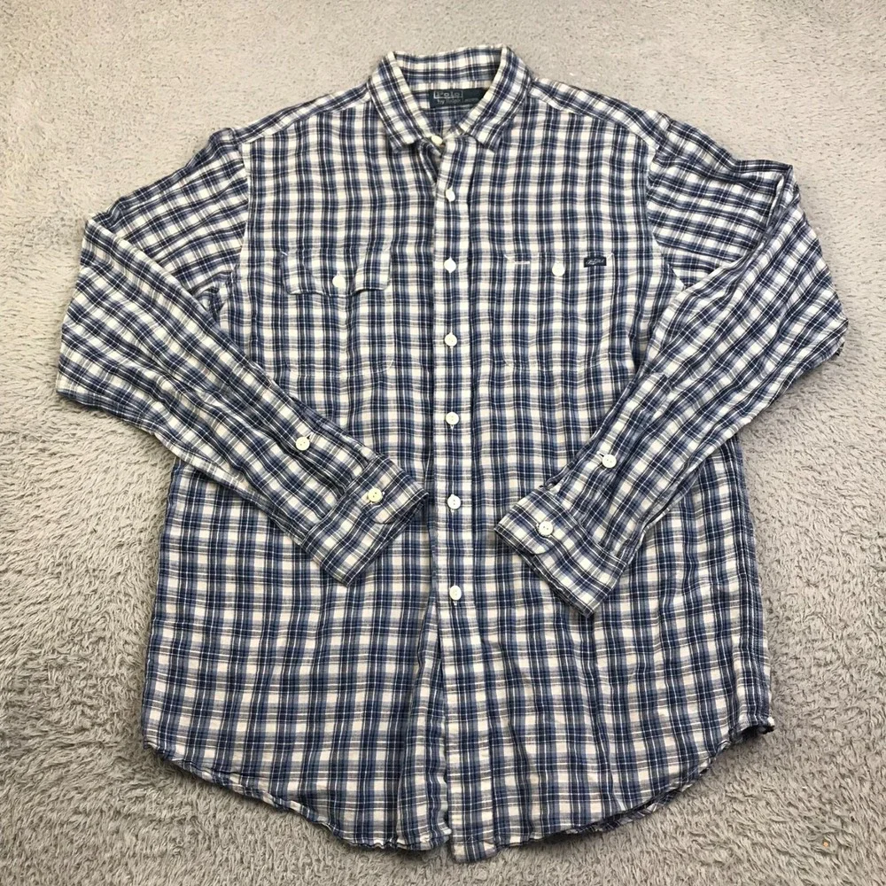 Polo Ralph Lauren Shirt Men L Blue Plaid Linen Cotton Blend Button Up Pockets